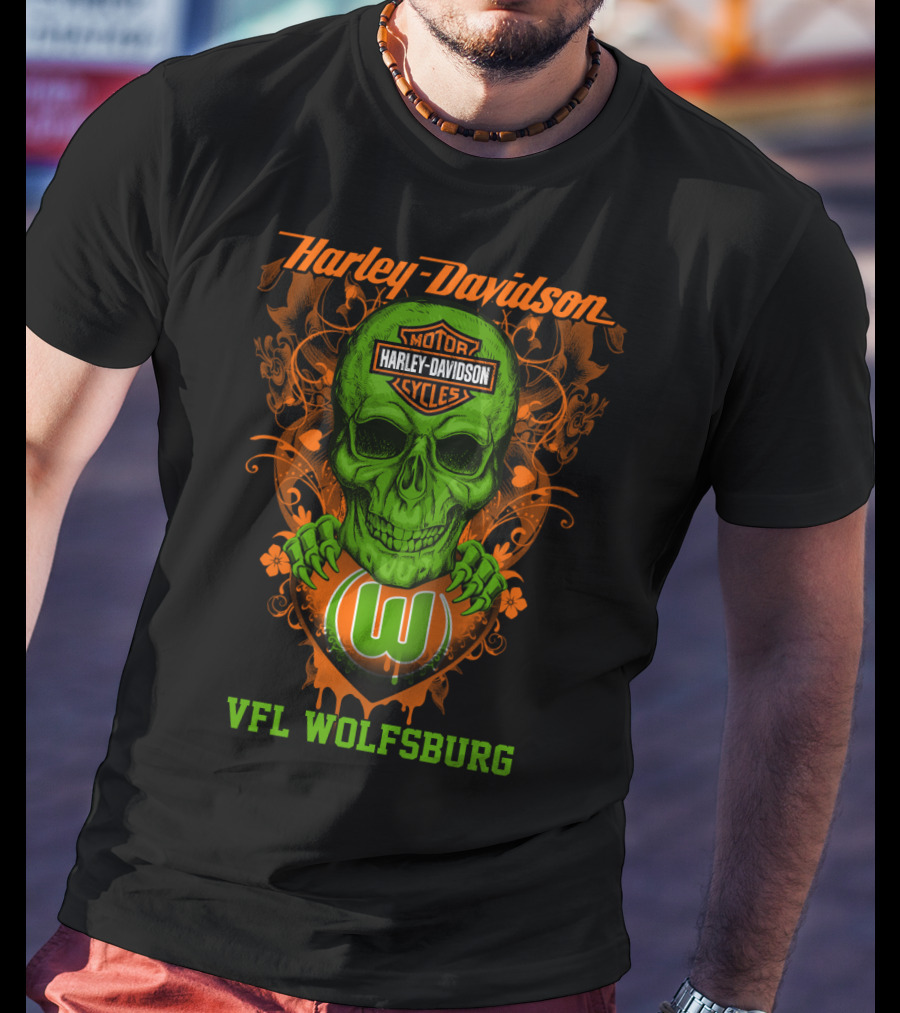 Harley Davidson Motorcycle Vfl Wolfsburg Green Skull T-Shirt