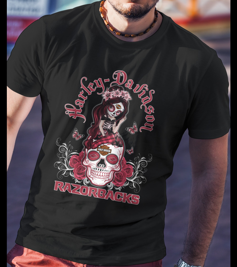 Harley Davidson Razorbacks Arkansas Girl Skull Roses Butterflies T-Shirt