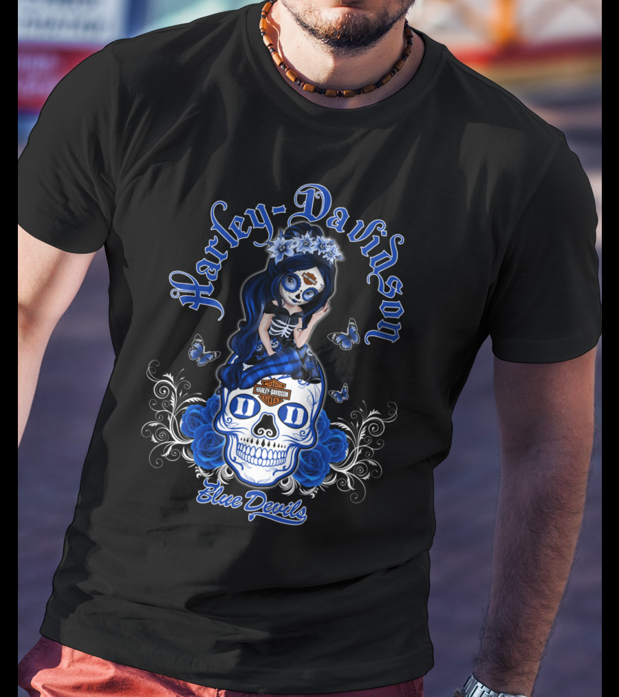 Harley Davidson Blue Devils Skull Art With Butterflies And Roses T-Shirt