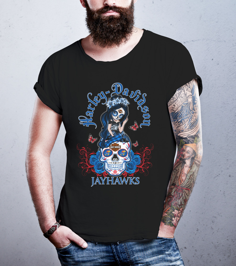 Harley Davidson Jayhawks Motorcycle Style With Day Of The Dead Skull And Butterflies T-Shirt