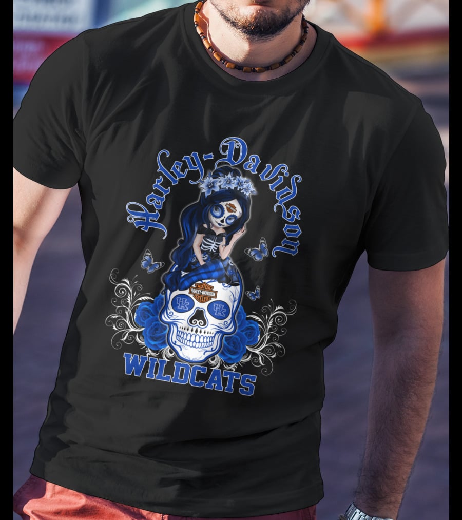 Harley Davidson Kentucky Wildcats Skull Girl With Blue Roses And Butterflies T-Shirt