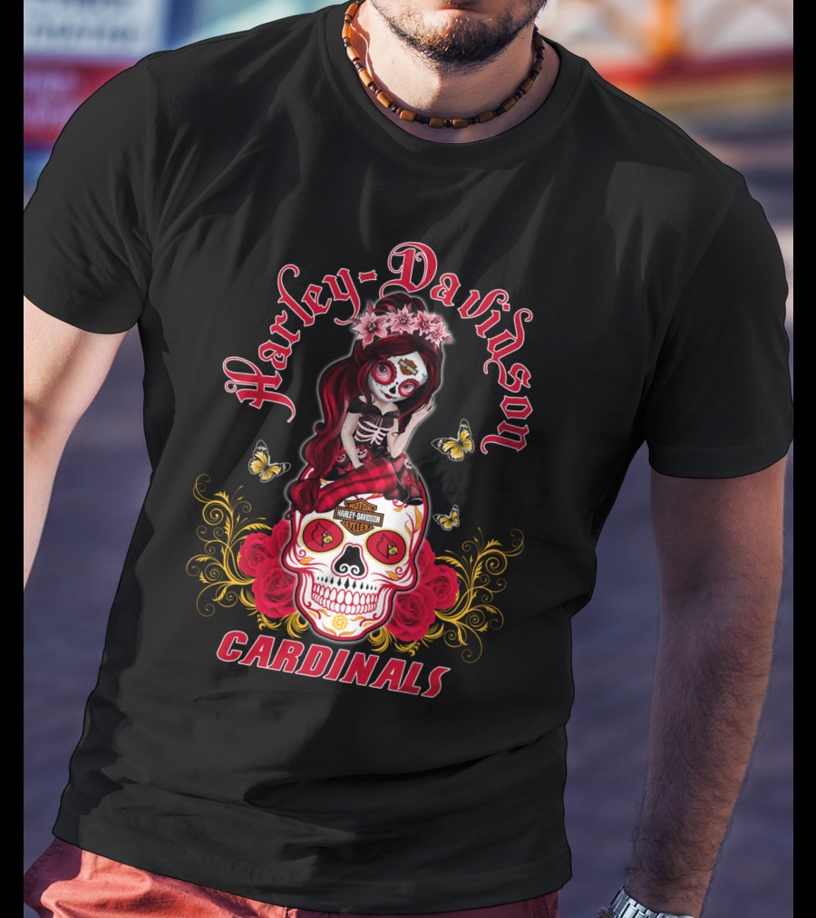 Harley Davidson Girl Louisville Cardinals Skull Rose Butterflies T-Shirt