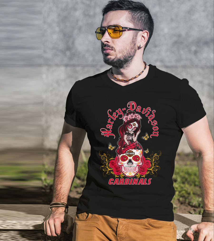 Harley Davidson Girl Louisville Cardinals Skull Rose Butterflies T-Shirt