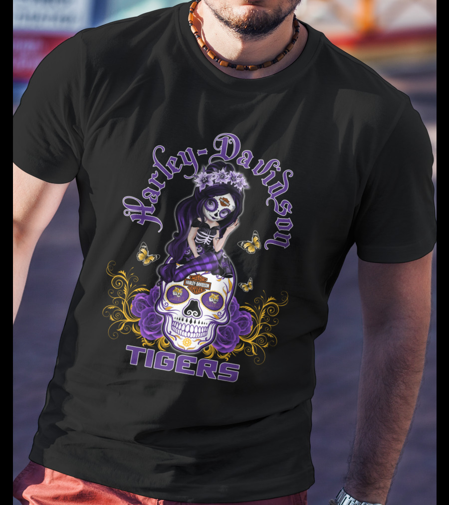 Harley Davidson Lsu Tigers Skull With Purple Flowers And Butterflies T-Shirt