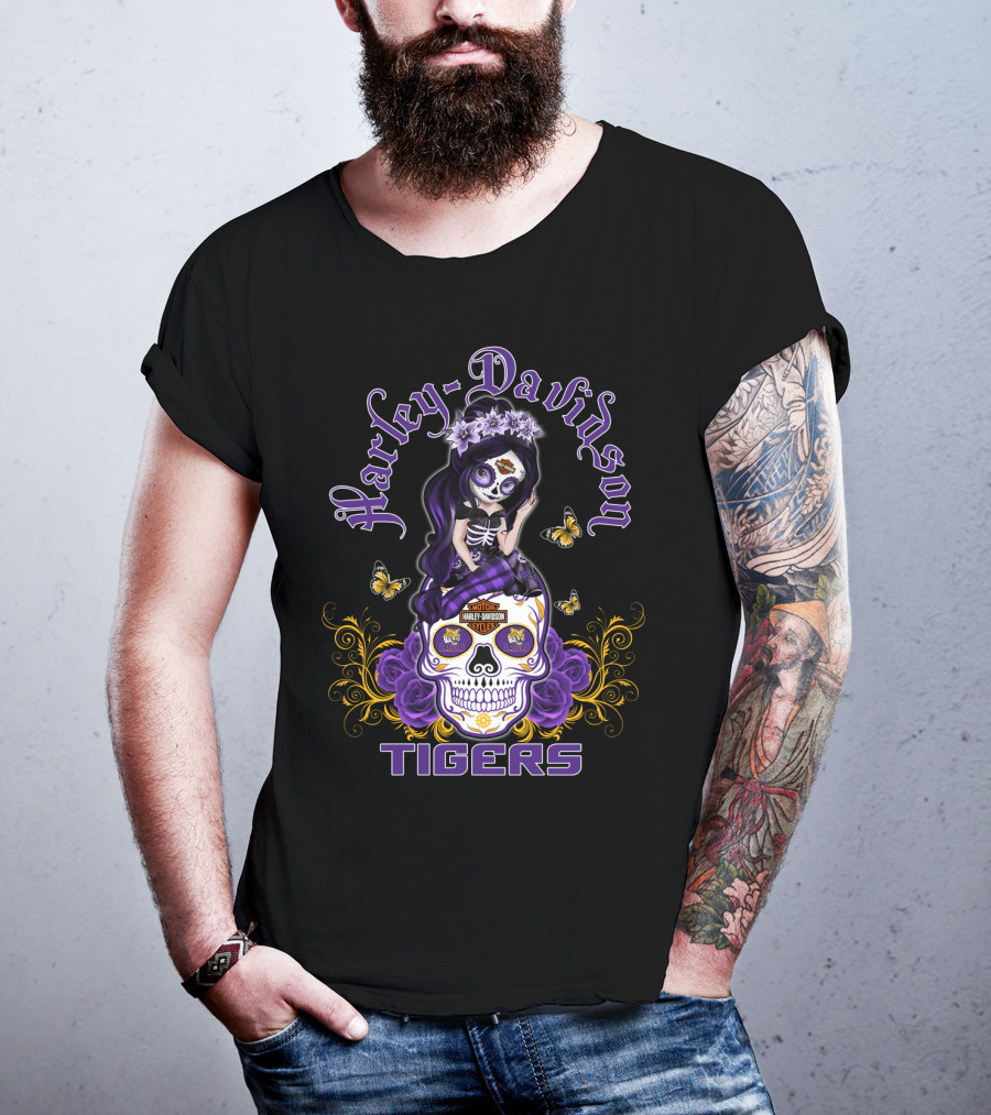 Harley Davidson Lsu Tigers Skull With Purple Flowers And Butterflies T-Shirt