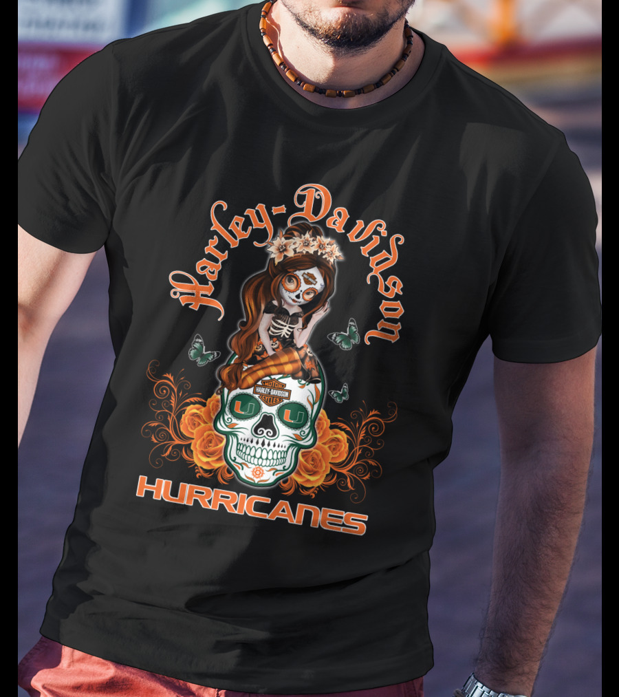 Harley Davidson Miami Hurricanes Butterfly Skull Roses T-Shirt
