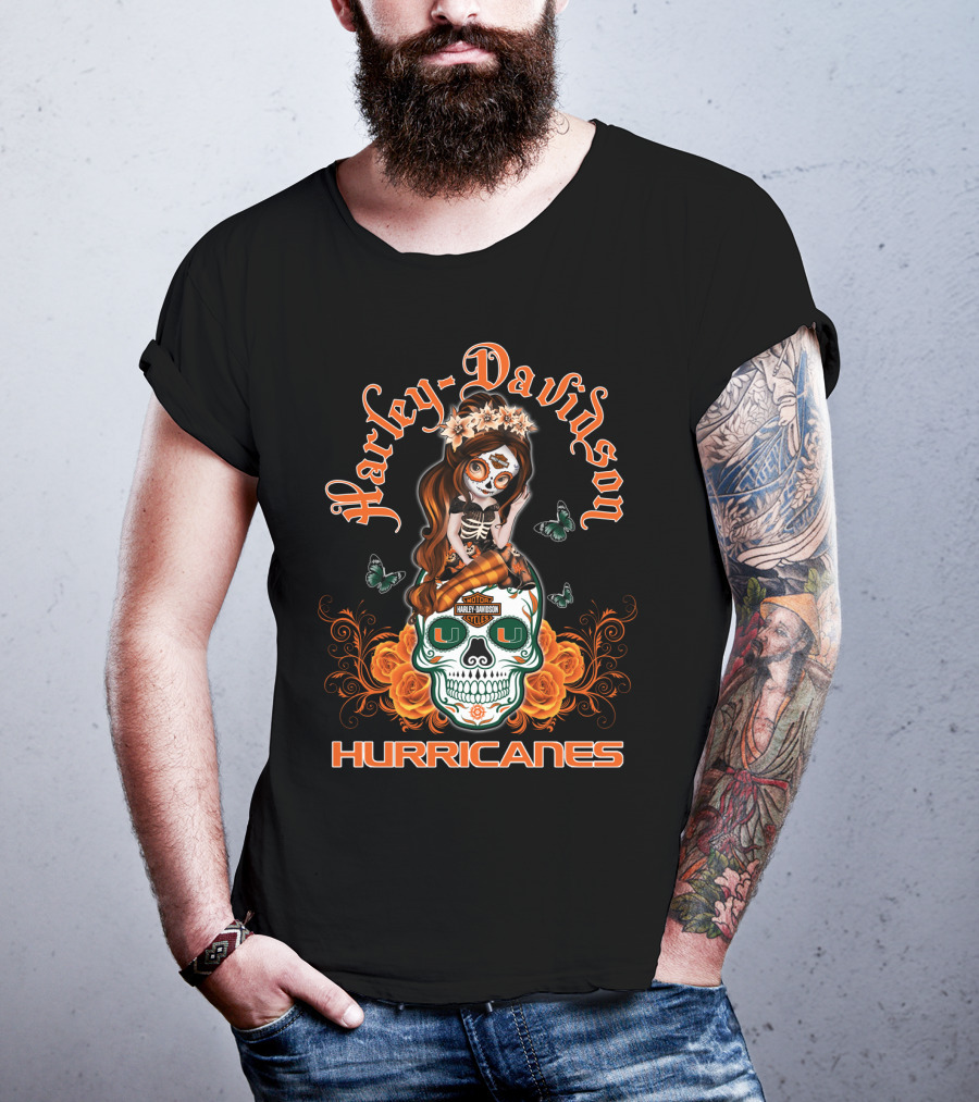 Harley Davidson Miami Hurricanes Butterfly Skull Roses T-Shirt