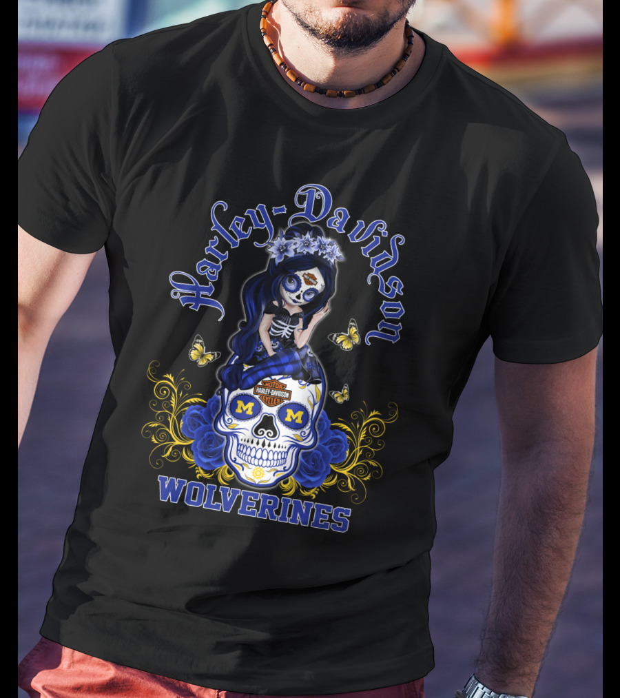 Harley Davidson Michigan Wolverines Skull Girl With Butterflies And Blue Roses T-Shirt