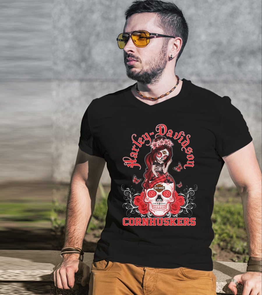 Harley Davidson Nebraska Cornhuskers Skull Roses Girl T-Shirt