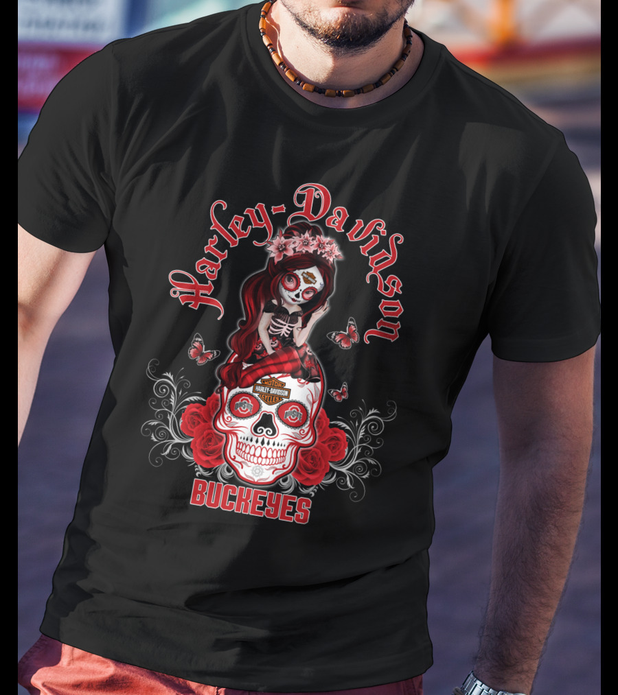 Harley Davidson Buckeyes Ohio State Skull Design Girl With Roses And Butterflies T-Shirt