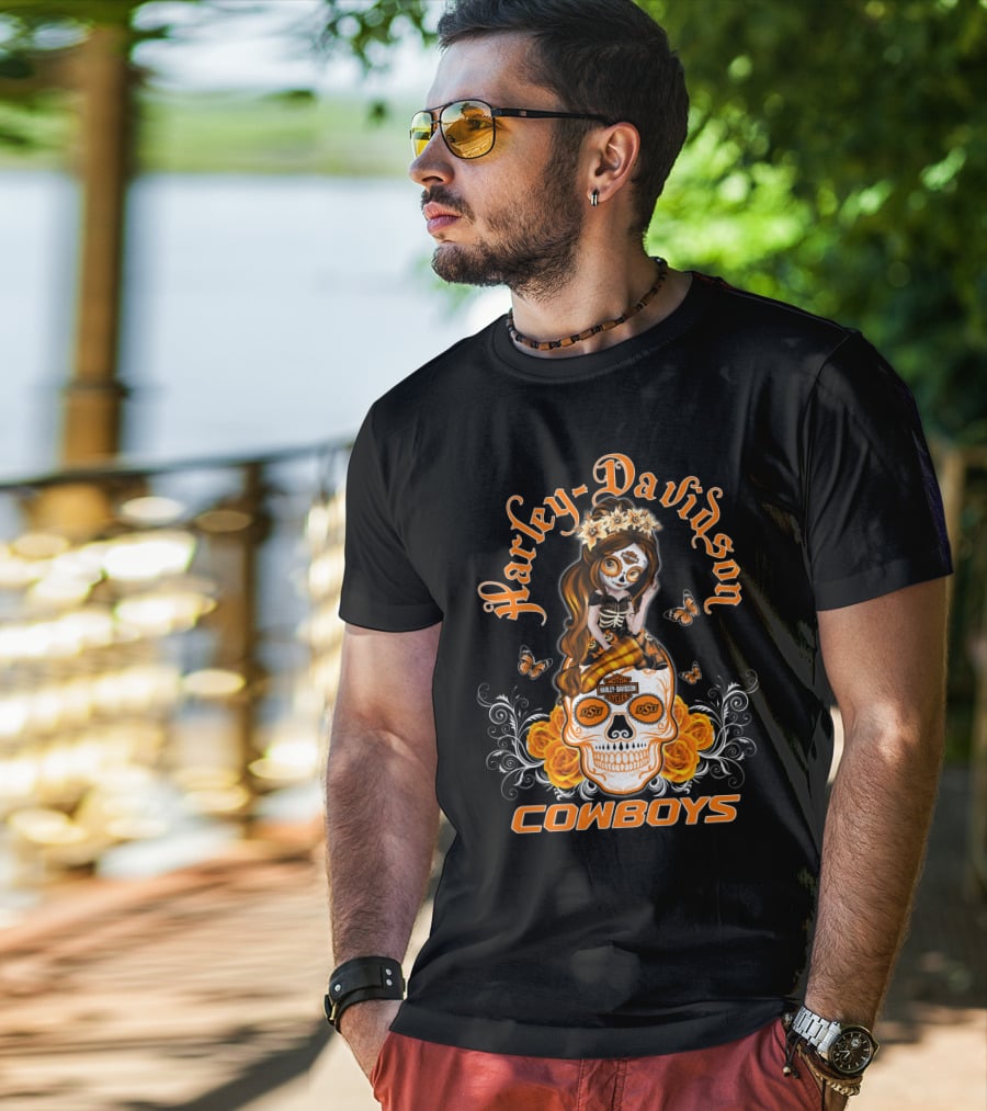 Harley Davidson Osu Cowboys Sugar Skull Roses Butterfly T-Shirt