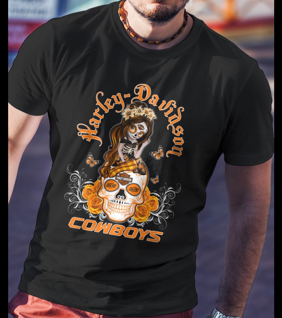 Harley Davidson Osu Cowboys Sugar Skull Roses Butterfly T-Shirt