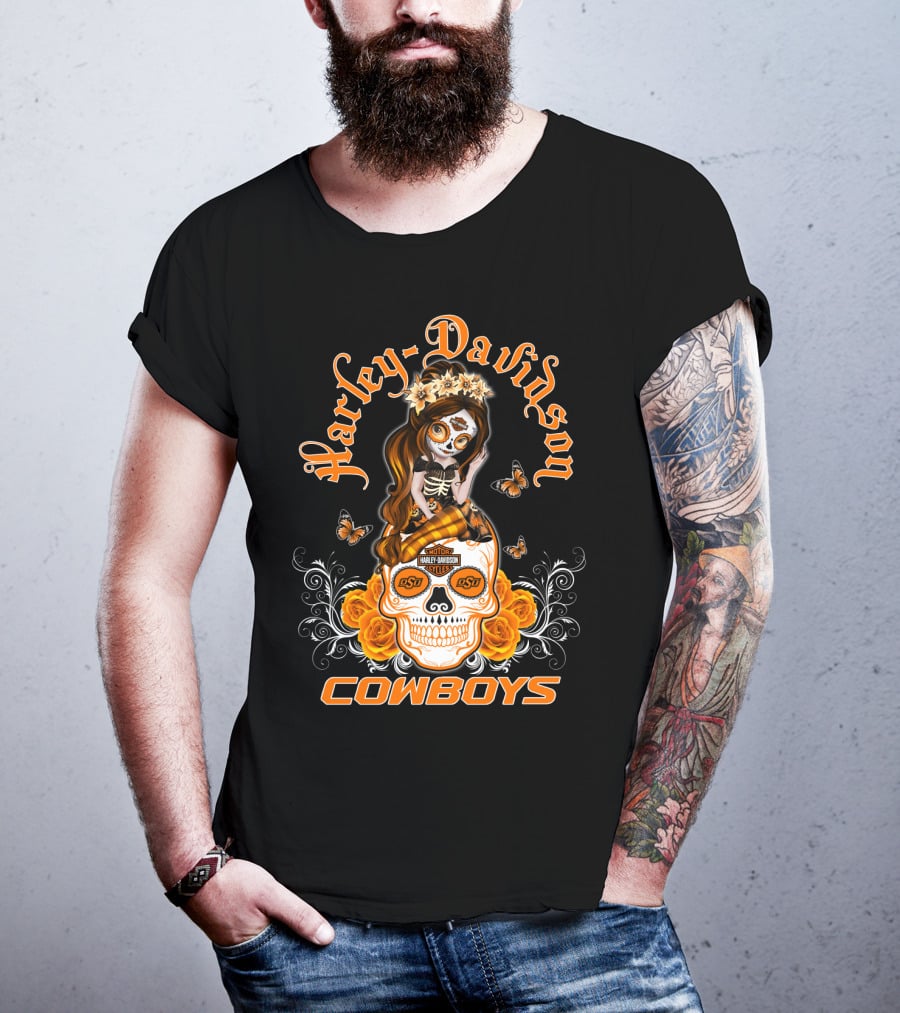 Harley Davidson Osu Cowboys Sugar Skull Roses Butterfly T-Shirt