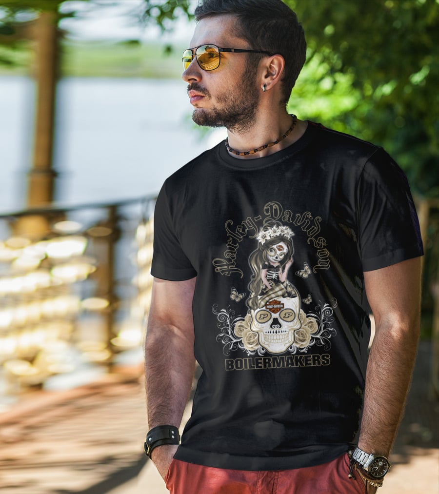 Harley Davidson Motor Cycles Boilermakers Purdue P Skull Roses Butterflies T-Shirt