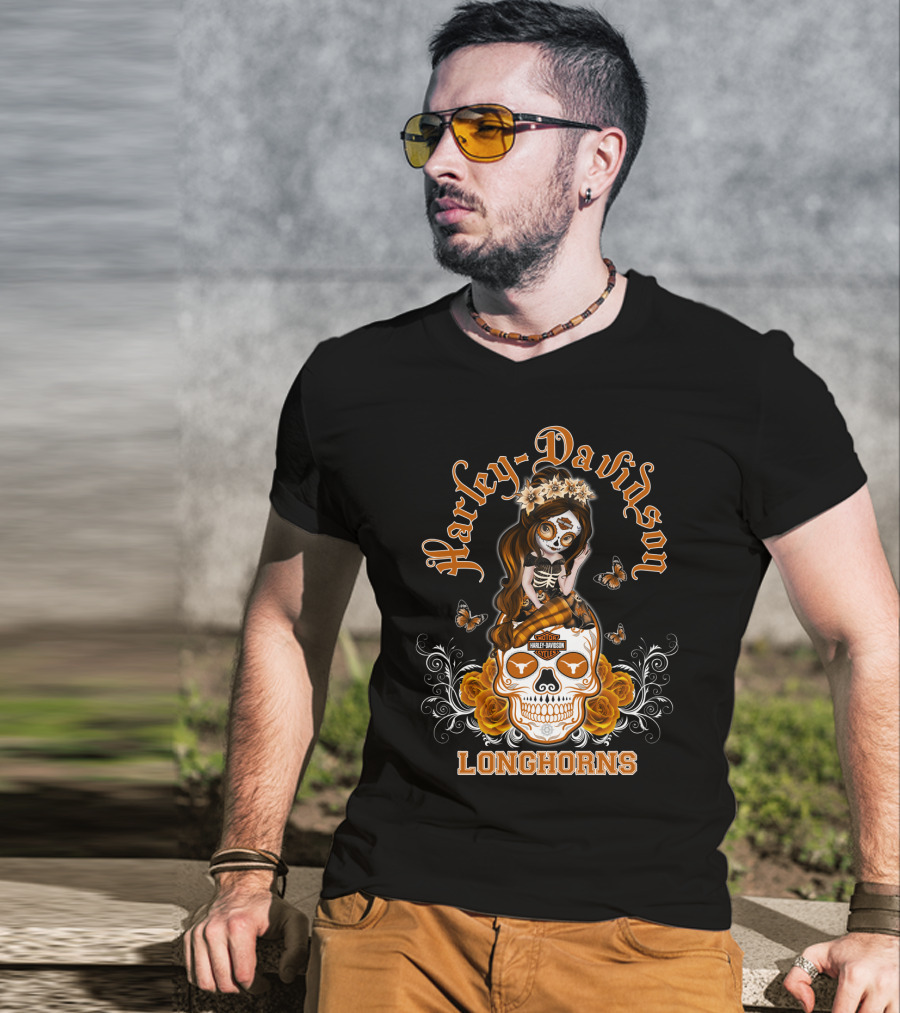 Harley Davidson Longhorns Texas Girl Skull Floral Motif T-Shirt