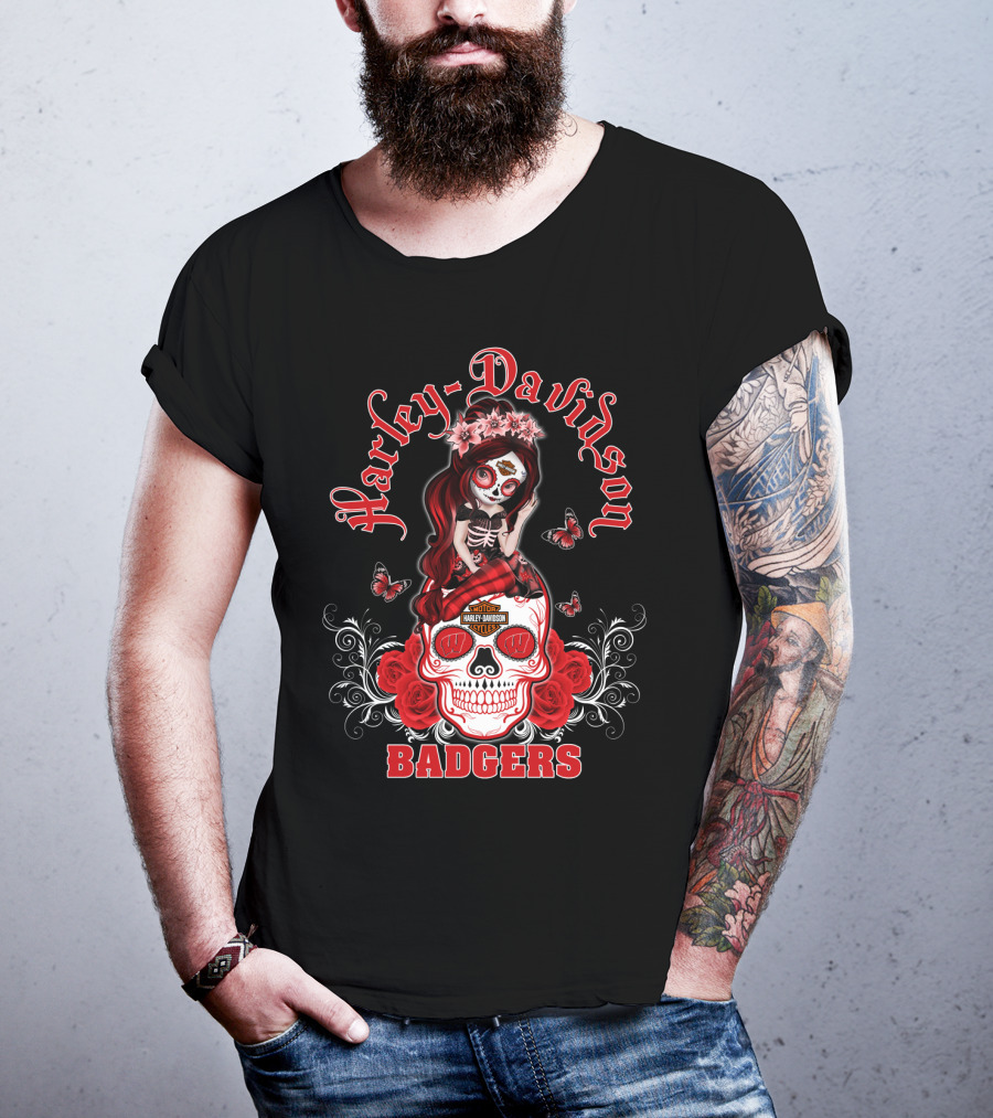 Harley Davidson Wisconsin Badgers Skull Rose Blossoms T-Shirt