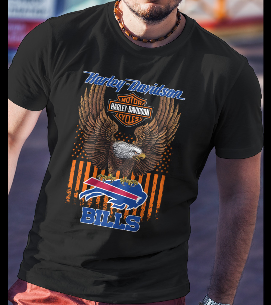 Harley Davidson Motor Cycles Buffalo Bills Eagle American Flag T-Shirt