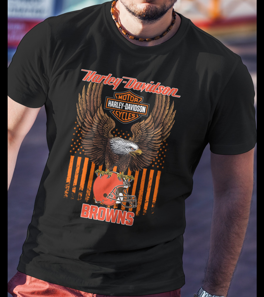 Harley Davidson Motor Cycles Nfl Cleveland Browns Eagle Flag T-Shirt