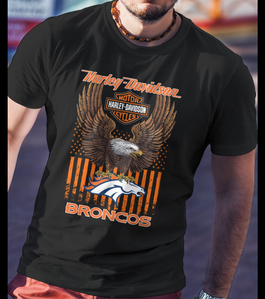 Harley Davidson Motor Cycles Denver Broncos Eagle American Flag T-Shirt