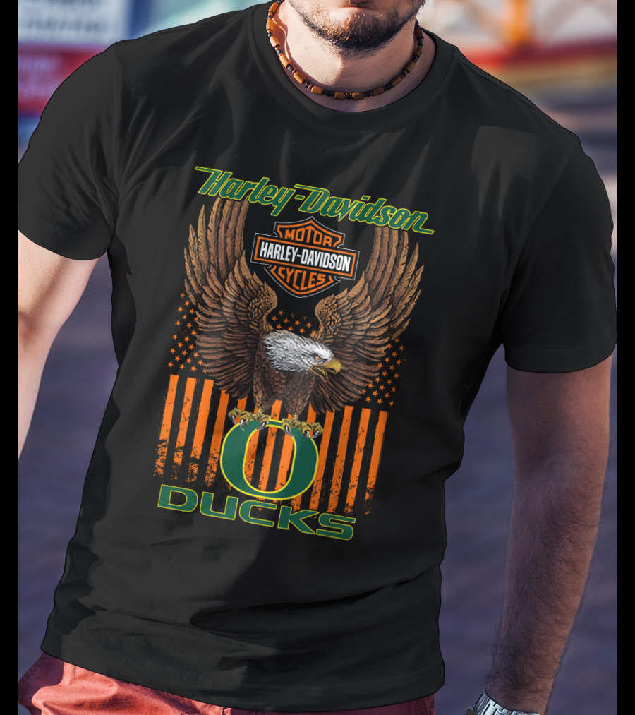 Harley Davidson Motor Cycles Oregon Ducks Eagle Stars And Stripes T-Shirt
