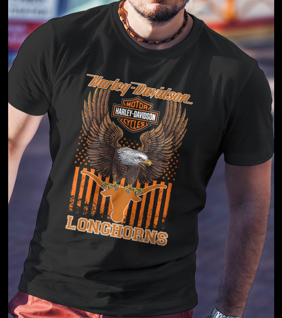 Harley Davidson Motor Cycles Eagle Stars And Stripes Longhorns T-Shirt