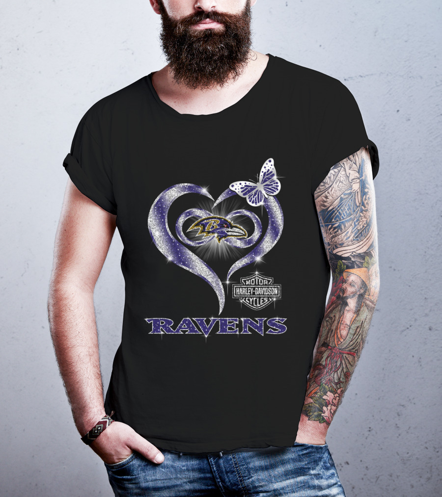 Baltimore Ravens Heart Harley Davidson Butterfly T-Shirt