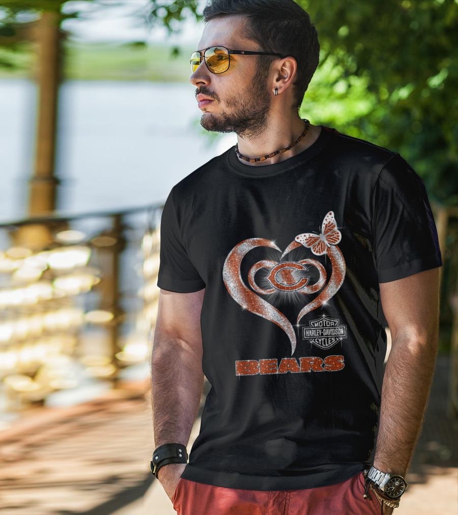 Hlh01 Chicago Bears Heart Butterfly Harley Davidson Cycles T-Shirt