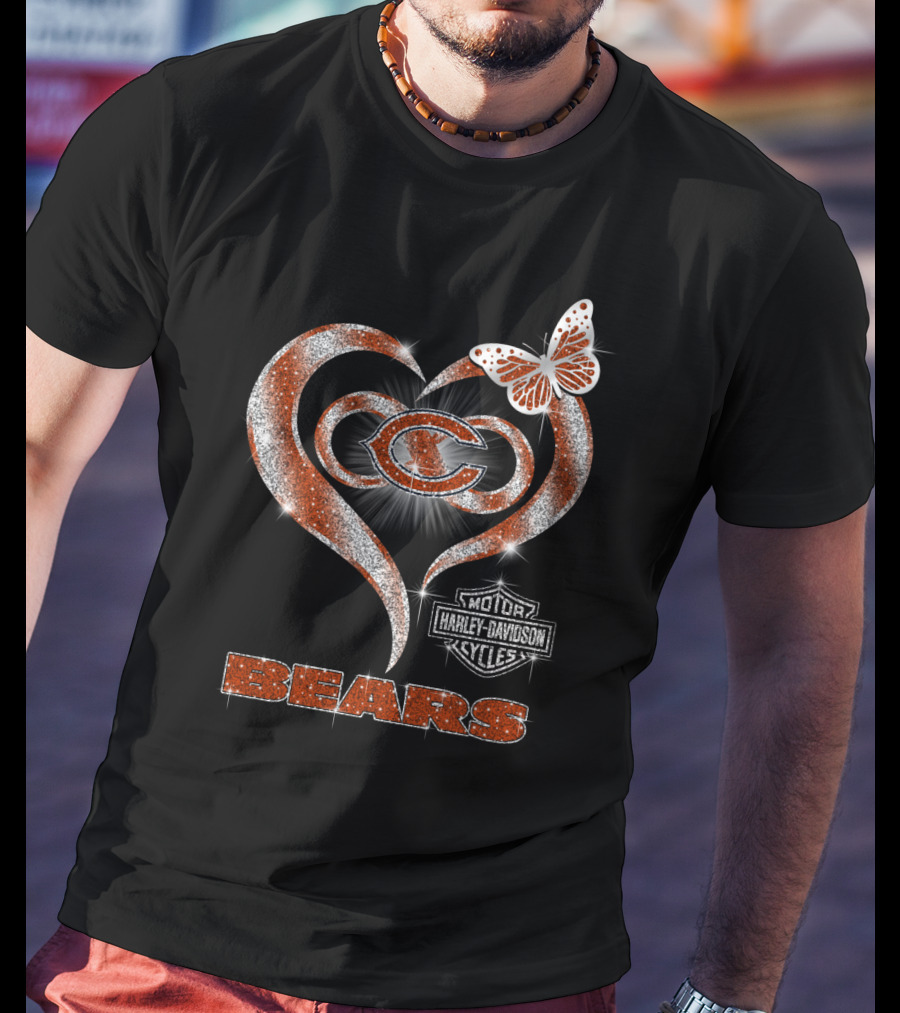 Hlh01 Chicago Bears Heart Butterfly Harley Davidson Cycles T-Shirt