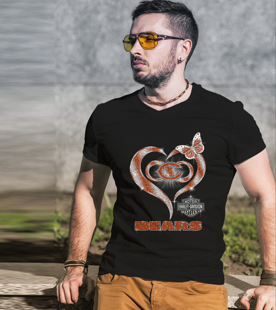 Hlh01 Chicago Bears Heart Butterfly Harley Davidson Cycles T-Shirt