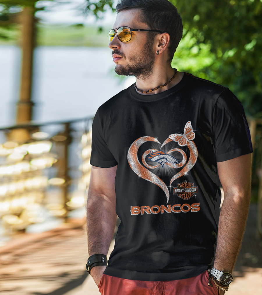 Hlh01 Denver Broncos Harley Davidson Heart Butterfly Sparkle T-Shirt