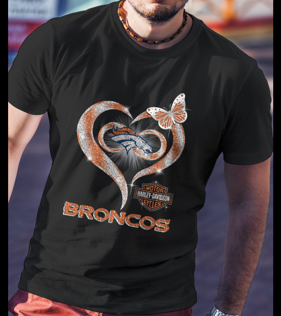 Hlh01 Denver Broncos Harley Davidson Heart Butterfly Sparkle T-Shirt