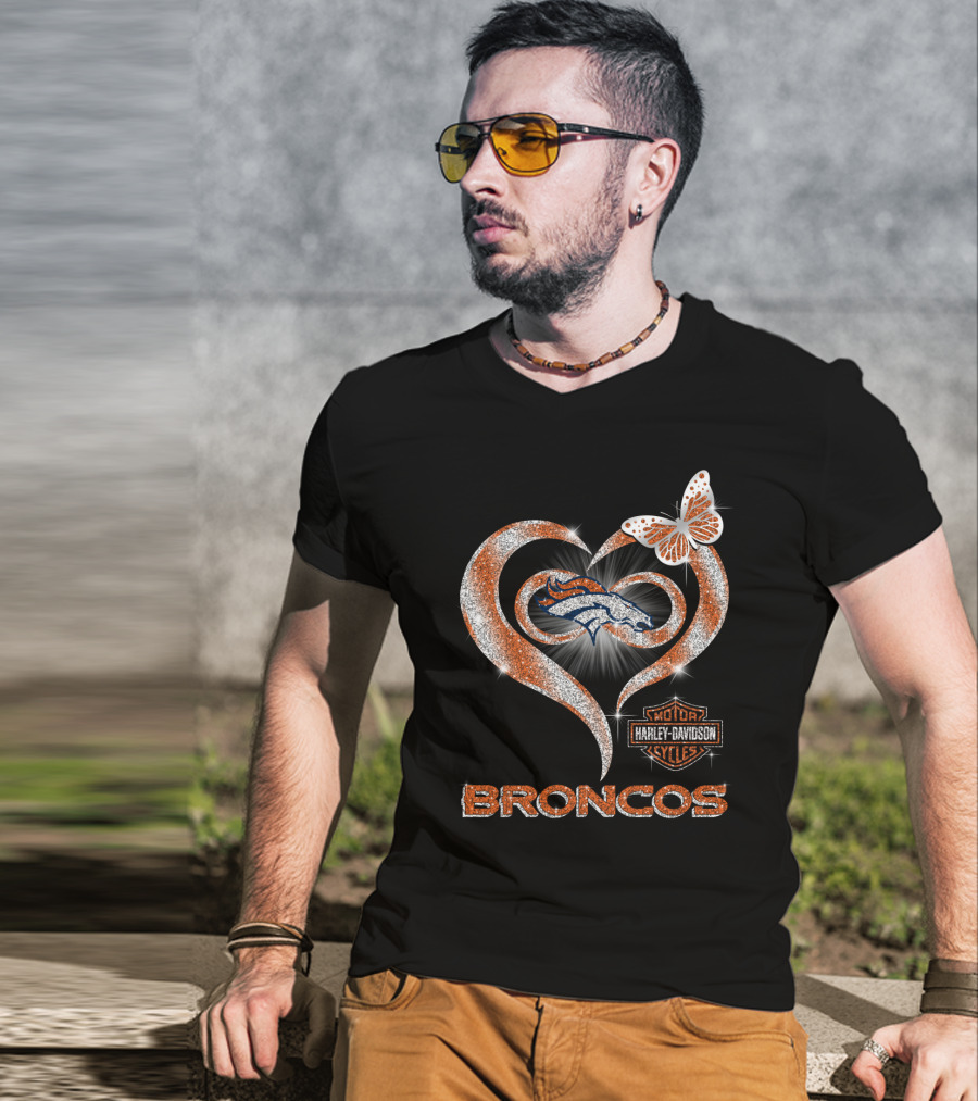 Hlh01 Denver Broncos Harley Davidson Heart Butterfly Sparkle T-Shirt