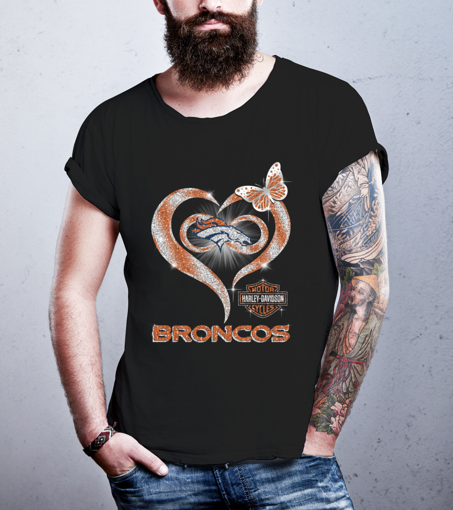 Hlh01 Denver Broncos Harley Davidson Heart Butterfly Sparkle T-Shirt