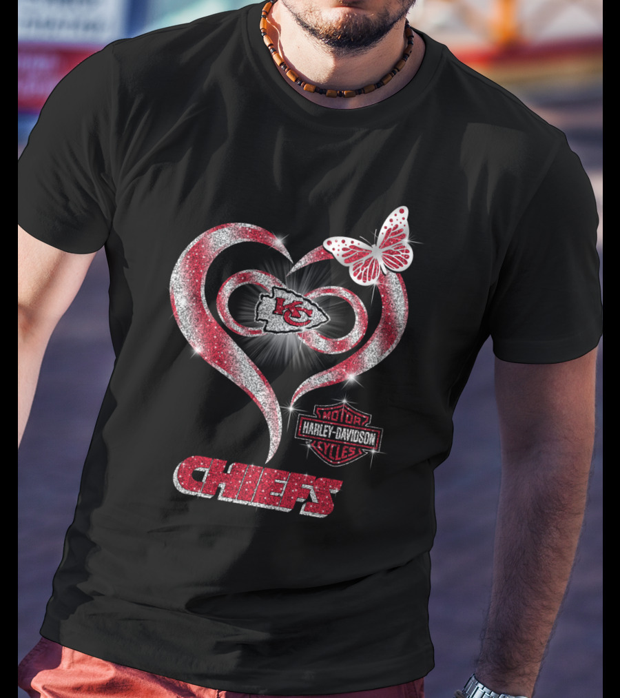 Kansas City Chiefs Harley Davidson Heart Butterfly T-Shirt