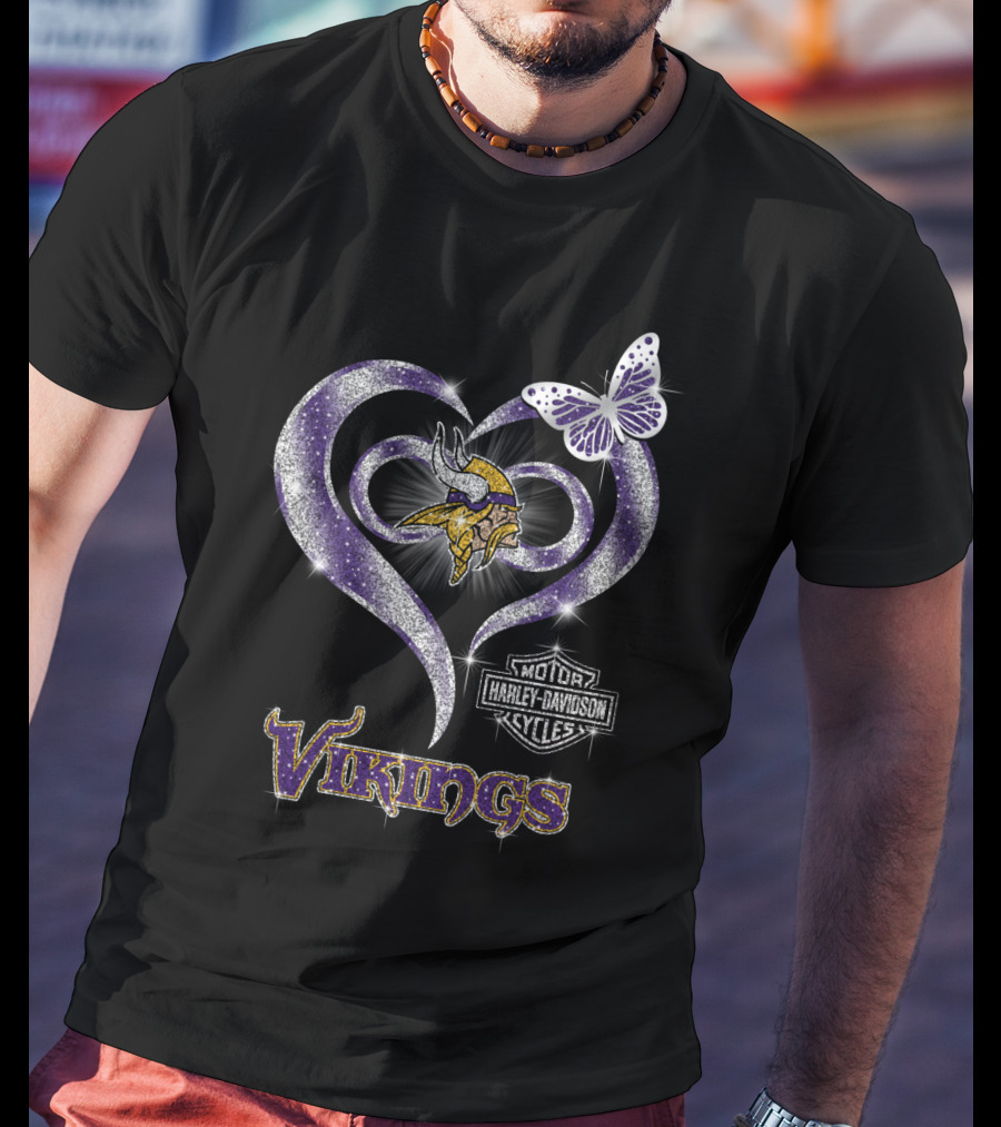 Vikings Harley Davidson Butterfly Heart T-Shirt
