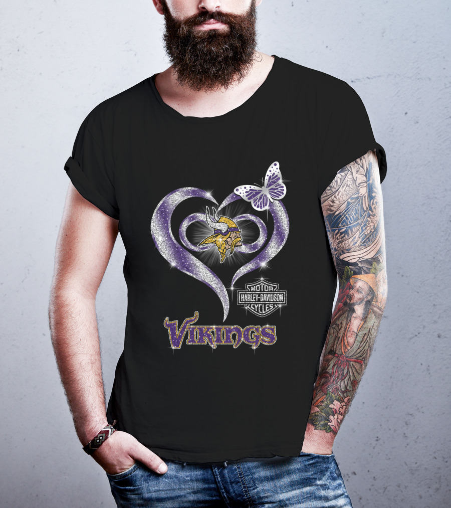 Vikings Harley Davidson Butterfly Heart T-Shirt