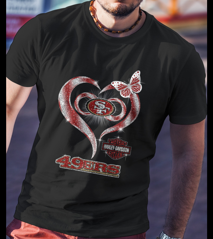 49ers Harley Davidson Heart With Butterfly T-Shirt