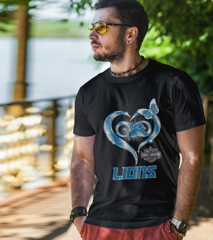 Detroit Lions Harley Davidson Motor Cycles Heart Butterfly T-Shirt