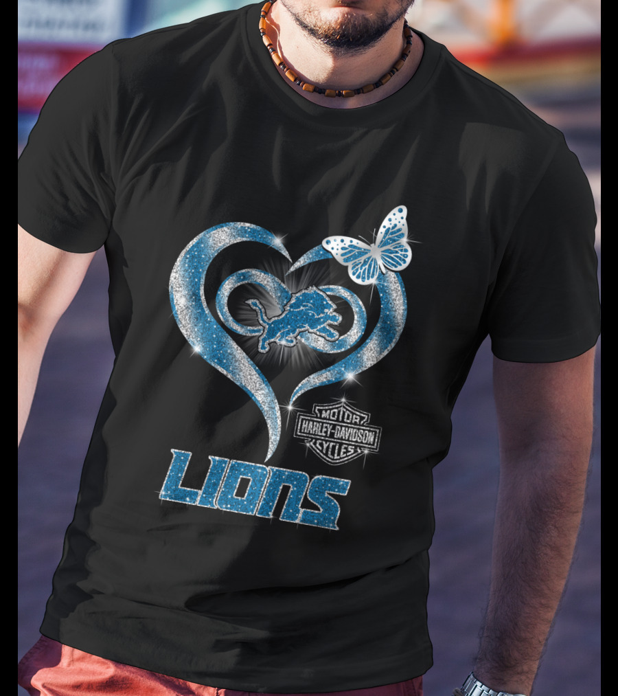 Detroit Lions Harley Davidson Motor Cycles Heart Butterfly T-Shirt