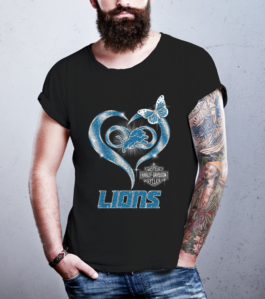 Detroit Lions Harley Davidson Motor Cycles Heart Butterfly T-Shirt
