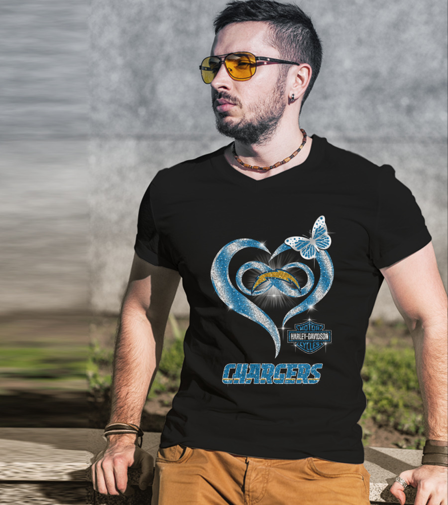Hlh01 Los Angeles Chargers Harley Davidson Motorcycles Heart Butterfly T-Shirt