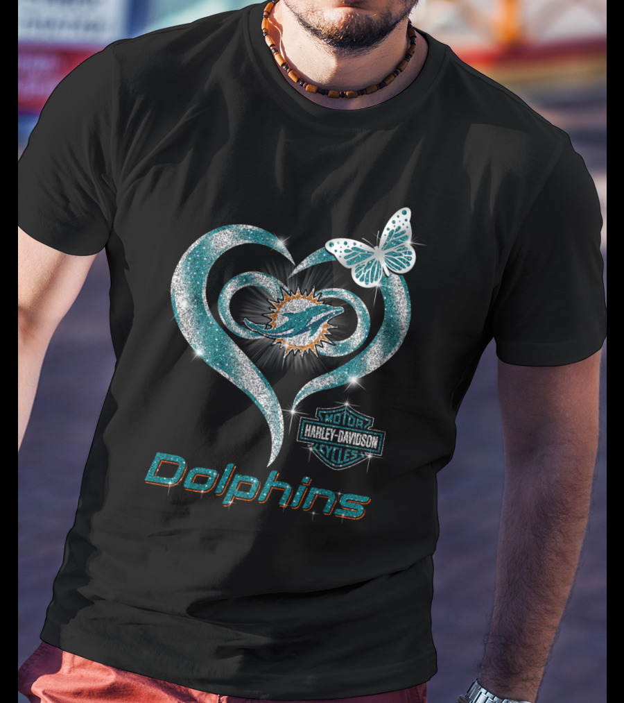 Miami Dolphins Heart With Harley Davidson Logo And Butterfly T-Shirt