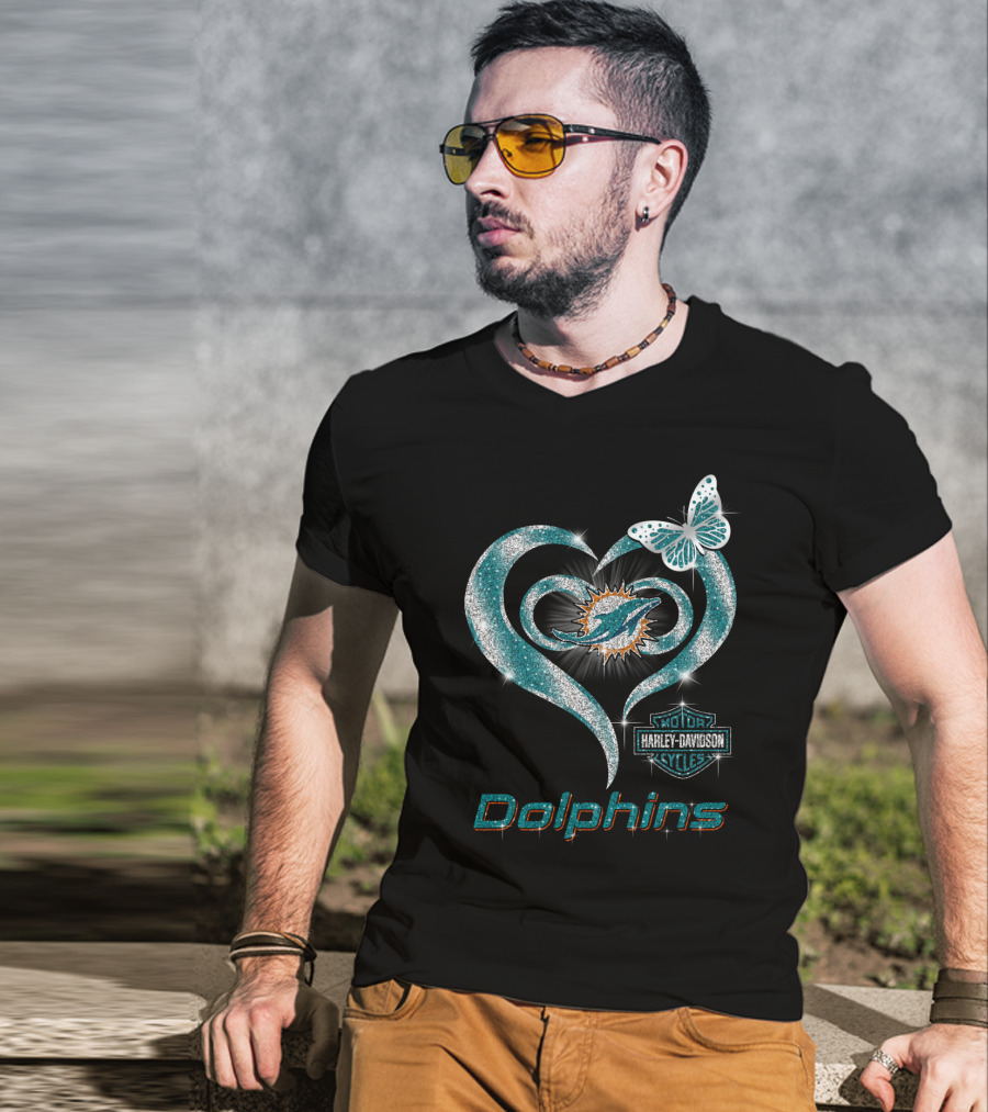 Miami Dolphins Heart With Harley Davidson Logo And Butterfly T-Shirt