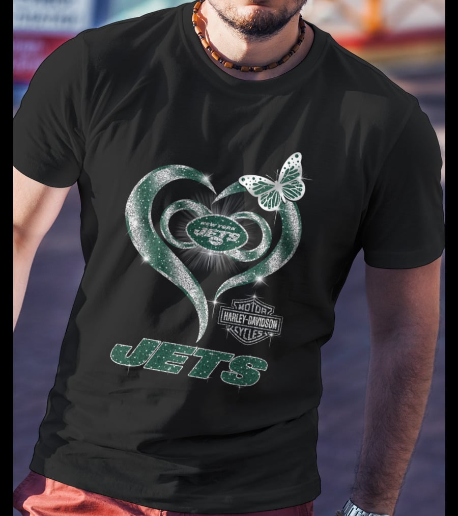 New York Jets Harley Davidson Heart And Butterfly Sparkle T-Shirt