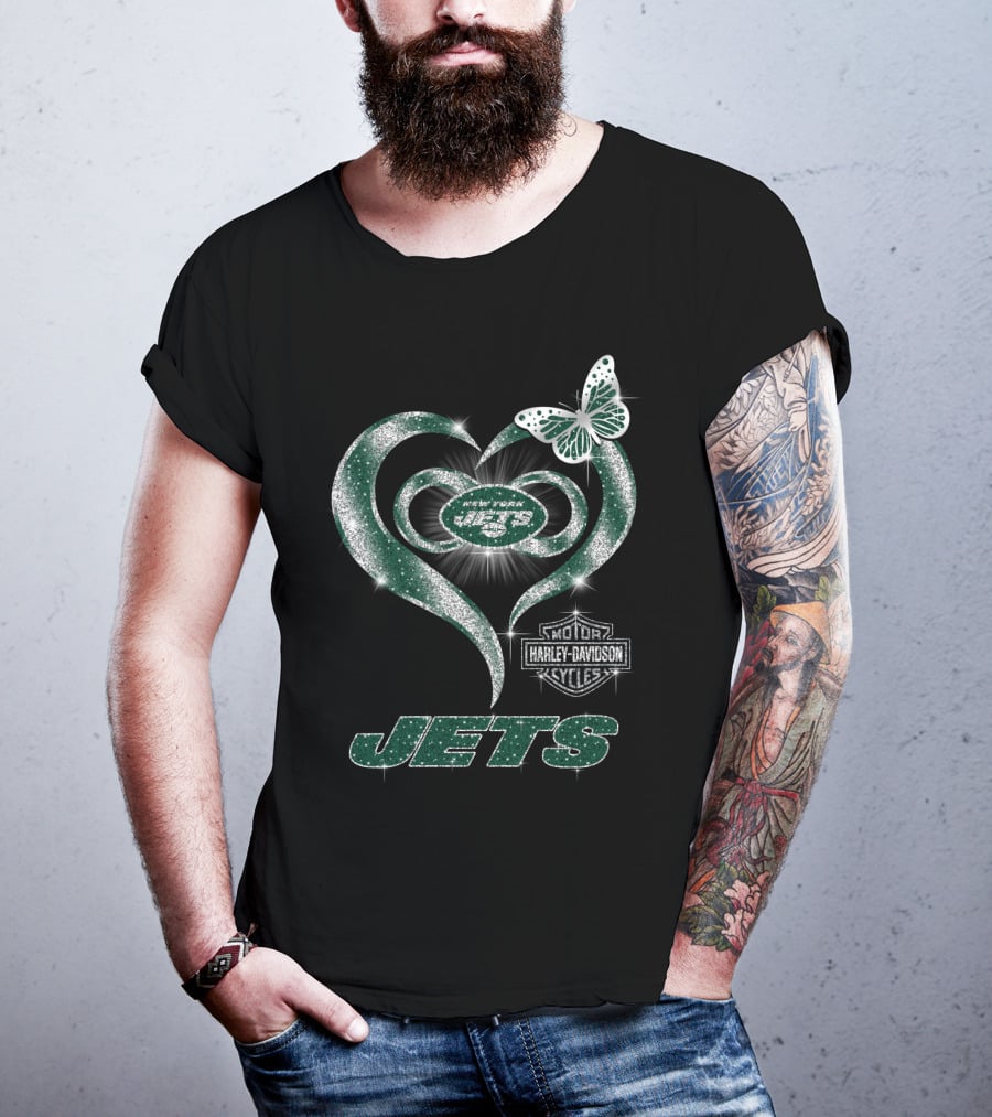 New York Jets Harley Davidson Heart And Butterfly Sparkle T-Shirt
