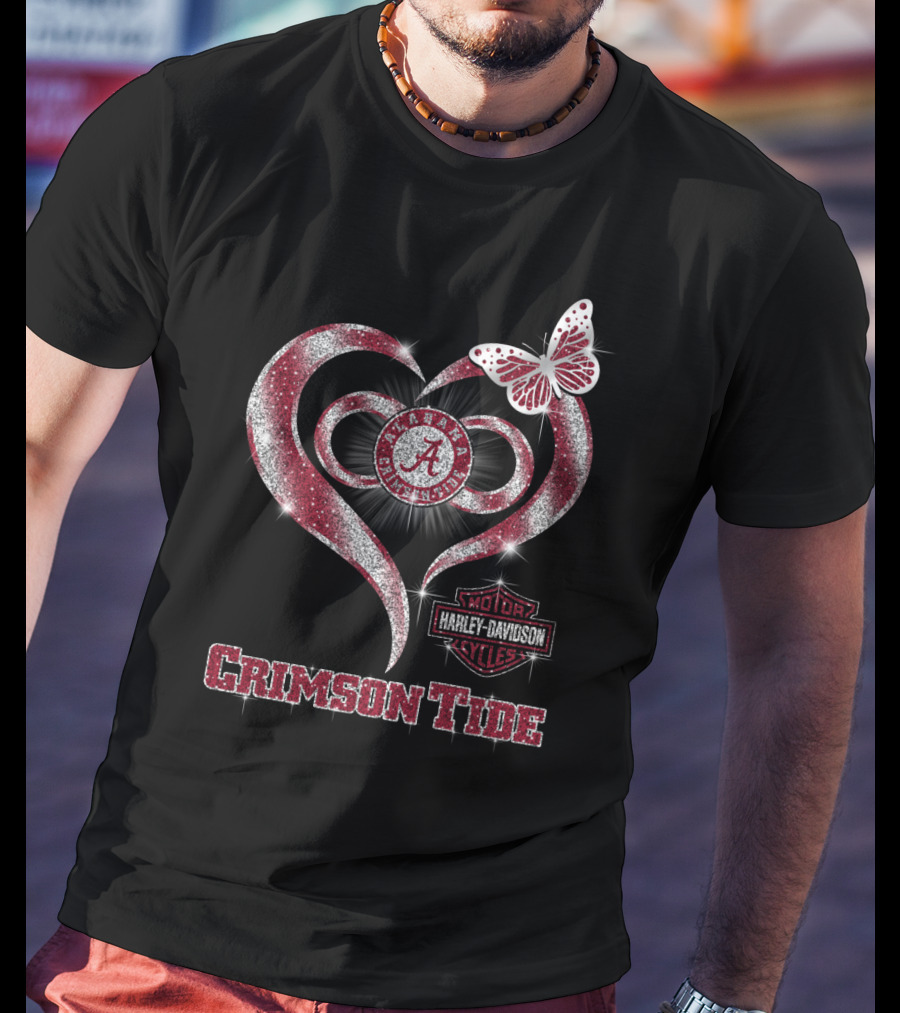 Alabama Crimson Tide Harley Davidson Heart With Butterfly Sparkle T-Shirt