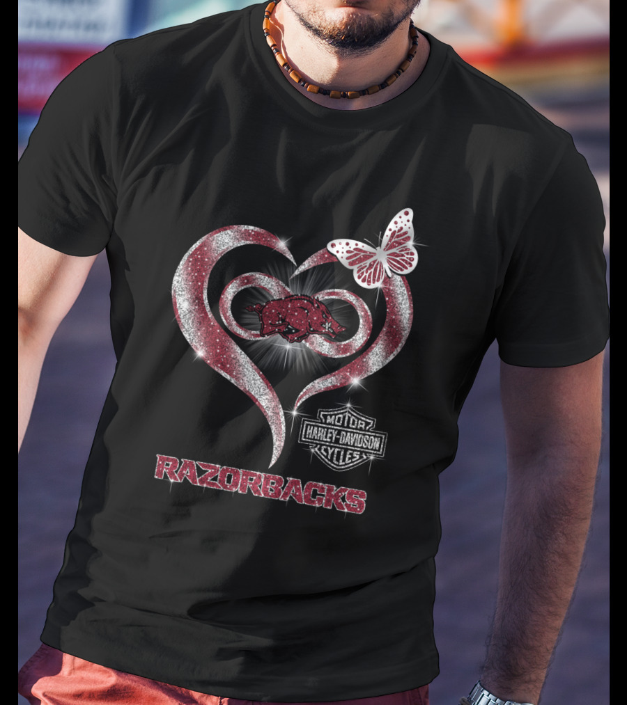 Razorbacks Heart Arkansas Harley Davidson Cycles Butterfly T-Shirt