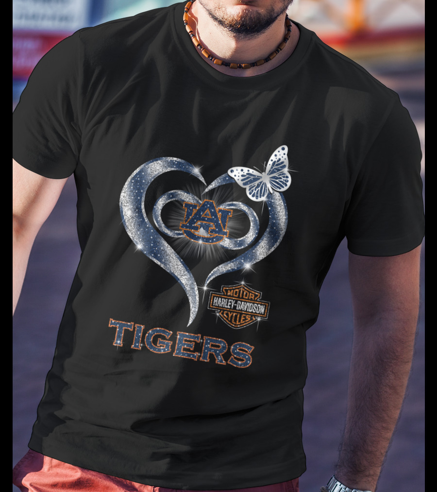Hlh01 Auburn Tigers Harley Davidson Heart Butterfly T-Shirt