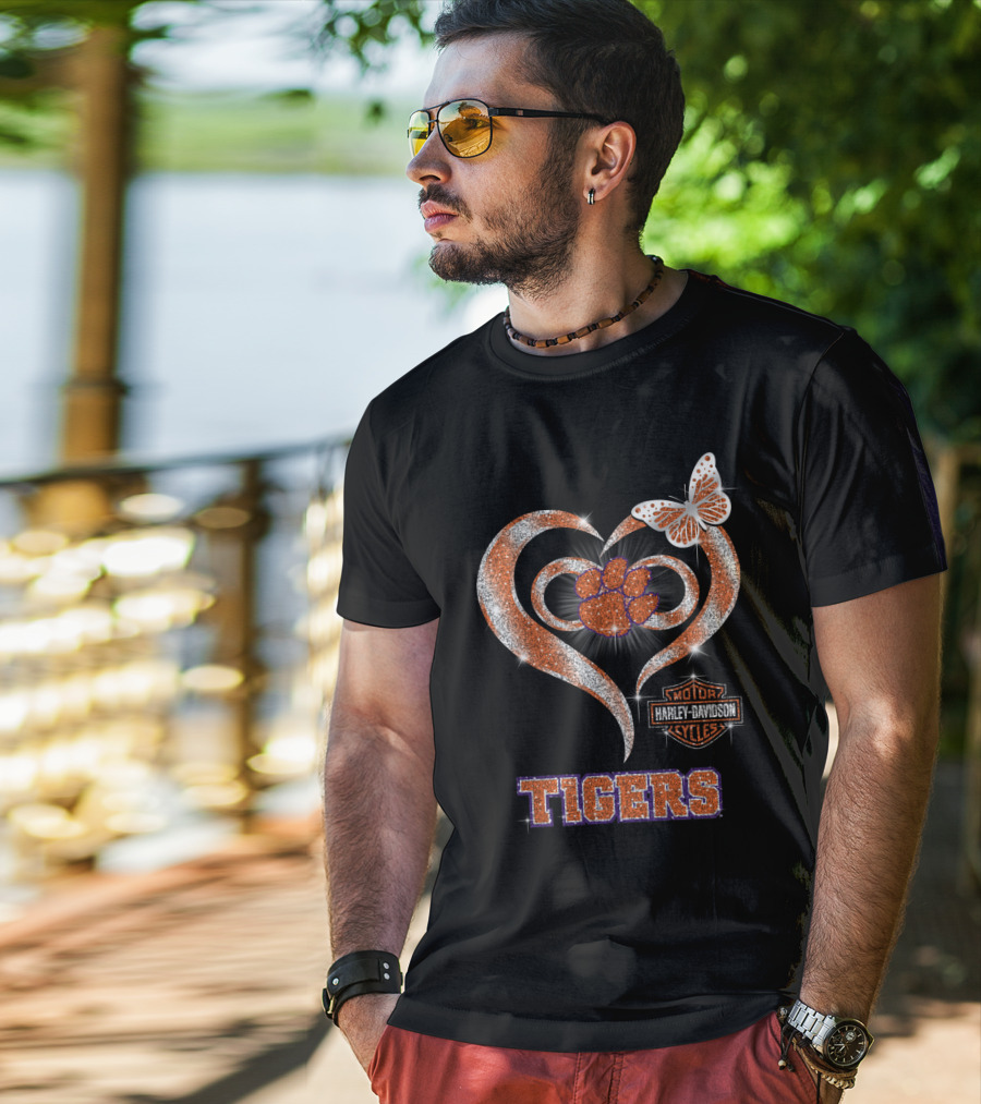Clemson Tigers Harley Davidson Heart With Paw Print And Butterfly T-Shirt