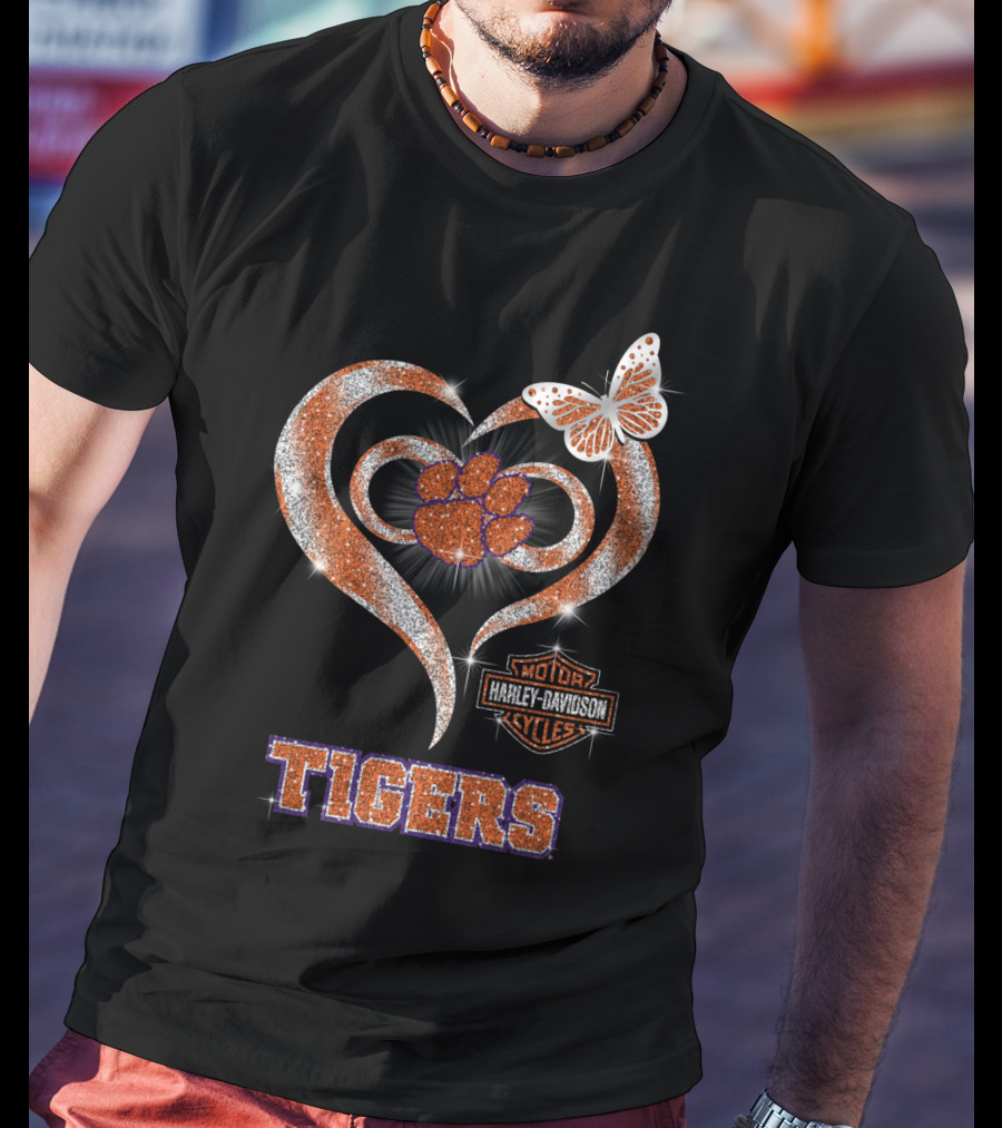 Clemson Tigers Harley Davidson Heart With Paw Print And Butterfly T-Shirt